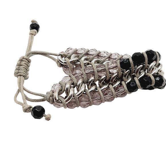 Artisan Black & Lilac Glass Beaded Macrame Bracelet - 6 1/2 Inch to 8 1/2 Inch - Picture 1 of 12